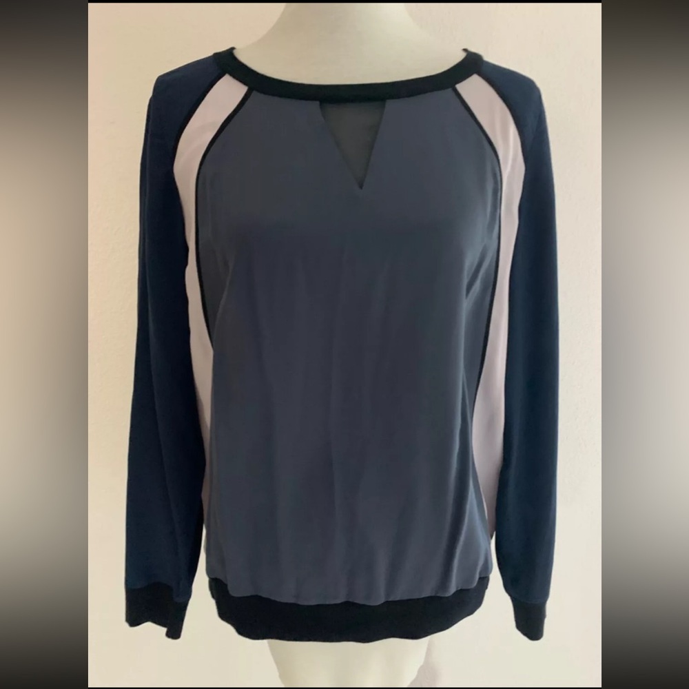 REBECCA TAYLOR Womens M Navy Blue Silk Contrasting Long Sleeves Blouse Top Shirt
